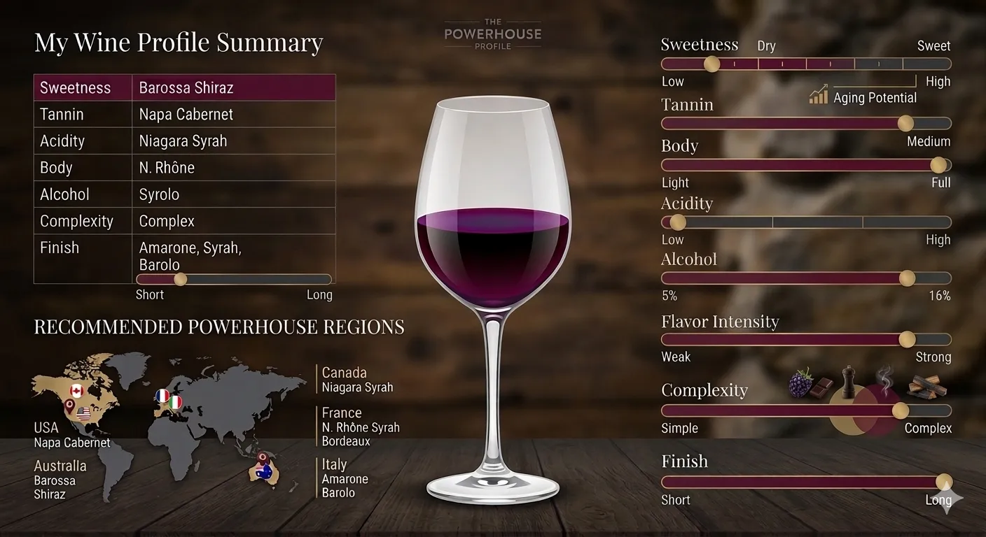 Personal wine taste profile infographic mapping preferences across body, sweetness, tannin, and acidity